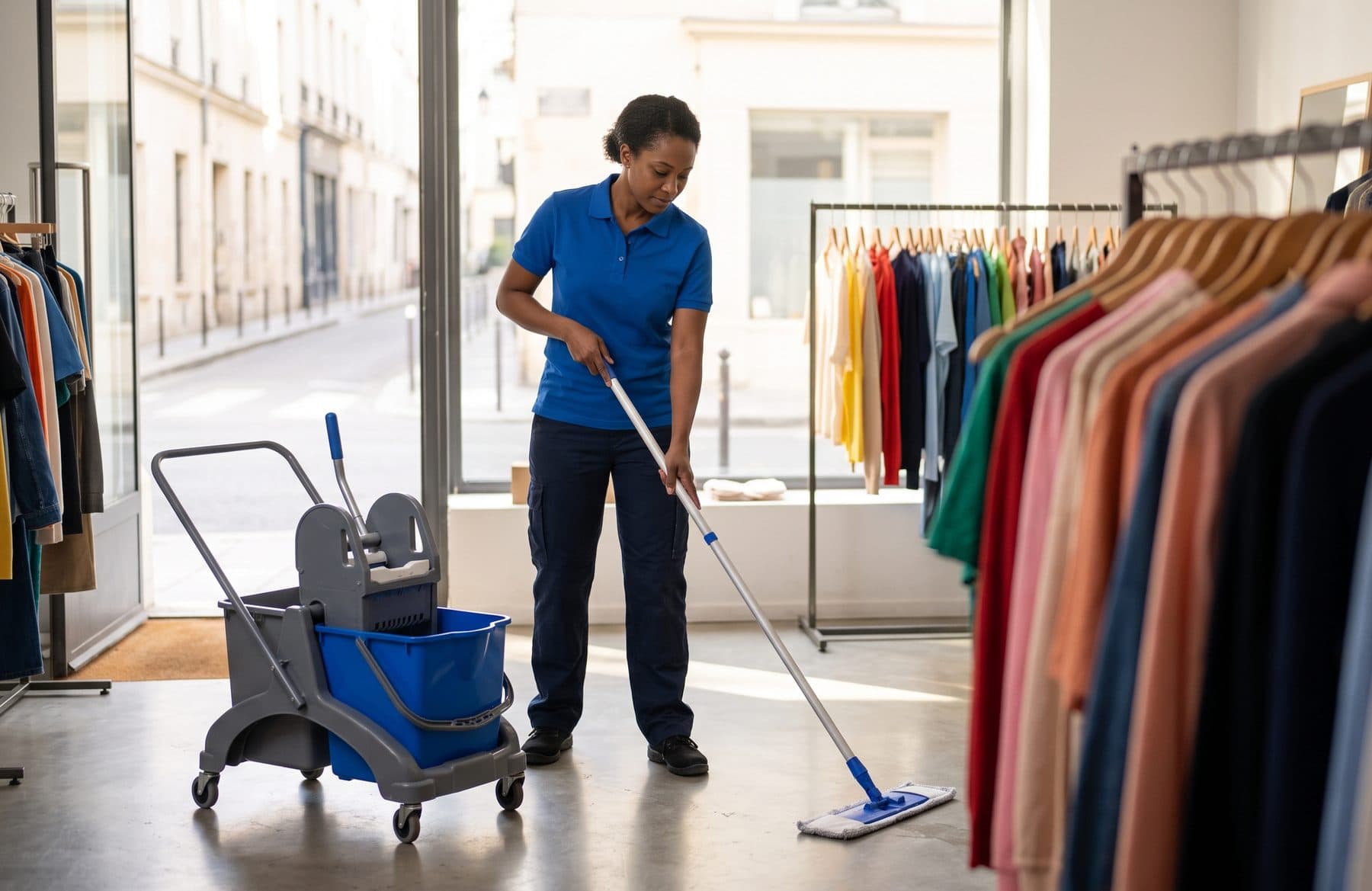 Cleaner nettoyant le sol d'un commerce